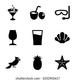 Tropical icons. set of 9 editable filled tropical icons such as drink, drink coconut, pineapple, starfish, aqualung, shell, parrot, cocktail