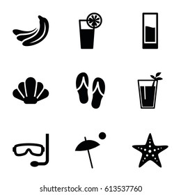Tropical icons set. set of 9 tropical filled icons such as banana, cocktail, drink, umbrella, starfish, flip flops, aqualung