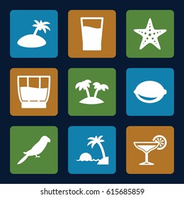 Tropical icons set. set of 9 tropical filled icons such as parrot, lemon, palm, drink, cocktail, starfish