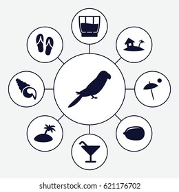 Tropical icons set. set of 9 tropical filled icons such as parrot, Cocktail, Lemon, home on island, drink, umbrella, island, flip flops
