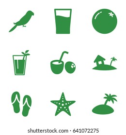 Tropical icons set. set of 9 tropical filled icons such as orange, parrot, home on island, drink, cocktail, drink coconut, starfish, island