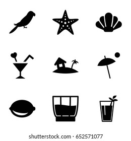 Tropical icons set. set of 9 tropical filled icons such as parrot, lemon, cocktail, home on island, drink, umbrella, starfish