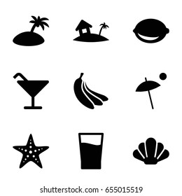 Tropical icons set. set of 9 tropical filled icons such as cocktail, lemon, home on island, drink, umbrella, banana, starfish, island