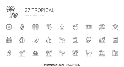 tropical icons set. Collection of tropical with cocktails, beach, chameleon, palm tree, papaya, frog, tornado, fig, banana, watermelon, surfboard. Editable and scalable tropical icons.