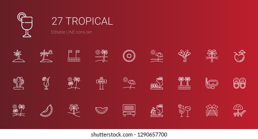 tropical icons set. Collection of tropical with cocktails, tornado, beach, watermelon, palm tree, melon, cocktail, cactus, kiwi, sunbed. Editable and scalable tropical icons.