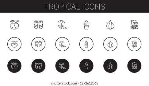 tropical icons set. Collection of tropical with coconut, flip flops, sunbed, cactus, fig, parrot. Editable and scalable tropical icons.