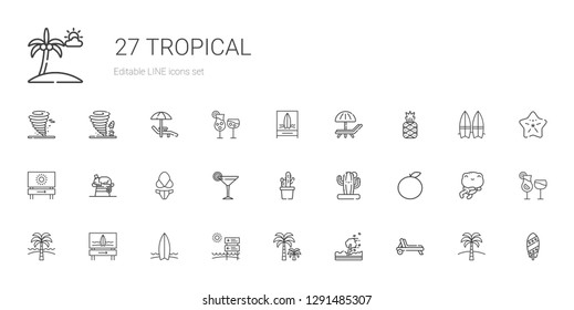 tropical icons set. Collection of tropical with deck chair, hurricane, palm tree, beach, surfboard, orange, cactus, cocktail, bikini, chameleon. Editable and scalable tropical icons.