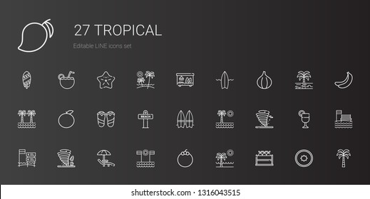 tropical icons set. Collection of tropical with fruit, beach, mangosteen, sunbed, tornado, surfboard, flip flops, orange, palm tree, fig. Editable and scalable tropical icons.