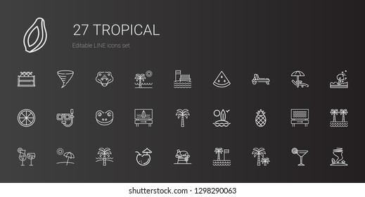 tropical icons set. Collection of tropical with palm tree, chameleon, coconut, beach, cocktails, pineapple, surfboard, frog, dive, orange. Editable and scalable tropical icons.