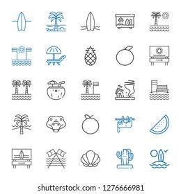 tropical icons set. Collection of tropical with surfboard, cactus, seashell, beach, watermelon, sloth, tangerine, crocodile, tornado, palm tree. Editable and scalable tropical icons.