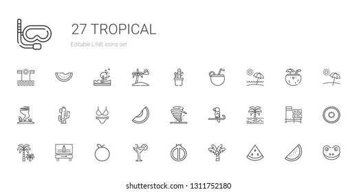 tropical icons set. Collection of tropical with watermelon, palm tree, cocktail, tangerine, surfboard, parrot, tornado, melon, bikini, cactus. Editable and scalable tropical icons.