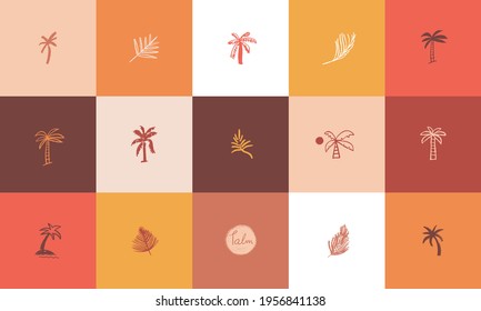 Tropical icons in vector for label organic cosmetics, travel company logo, hotel sign. Isolated palm leaf symbol. Logos palm tree. Logo kids summer resort, children camp. Tropical spa, beauty studio.