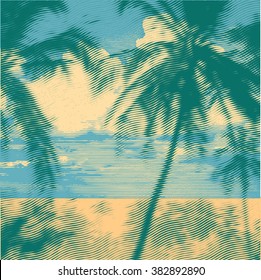 tropical idyllic landscape with palms trees and beach. vector illustration.