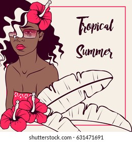 Tropical illustration with dark-skinned woman (eps10);