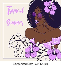 Tropical illustration with dark-skinned woman (eps10);