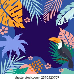 Tropical illustration with exotic leaves, flowers and toucan on dark blue background. Suitable for summer, nature, jungle themes or creative design projects. 