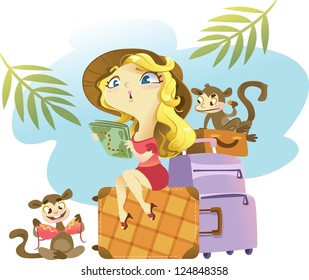 Tropical illustration: girl sitting on a suitcase