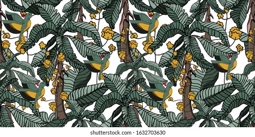 Tropical illustration of green  textured palm trees, yellow flowers and exotic birds on white background. vector seamless pattern