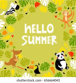 Tropical illustration of "hi summer" with animals. toucan, kangaroo, zebra, monkey, panda