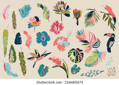 ilustración tropical con aves aisladas, flores y hojas. diseño vectorial para papel, tela y otras superficies