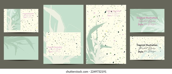 Tropical illustration leaves Painting art pastel muted pale calm tones card templates set. Collection set of romantic invitations