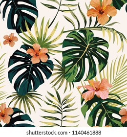 tropical illustration monstera plants leaves flowers hibiscus seamless pattern white background