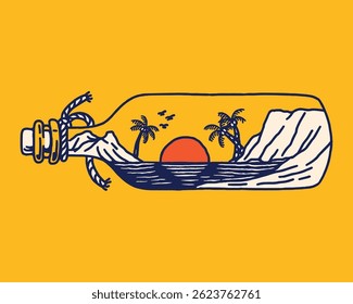 A tropical illustration of a palm island with sunset, framed inside a glass bottle, complete with ocean waves and mountain backdrop.
