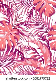 Tropical illustration with palm leaves. Jungle wallpaper with exotic plants. Summer tropical leaf background. Summer foliage print. Pattern design.