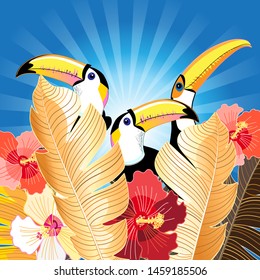 Tropical illustration with palm leaves and toucans on a blue background. Design template for tourism or nature conservation.