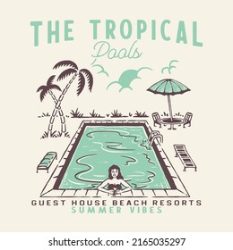 piscinas de ilustraciones tropicales diseño de palmeras camiseta de playa