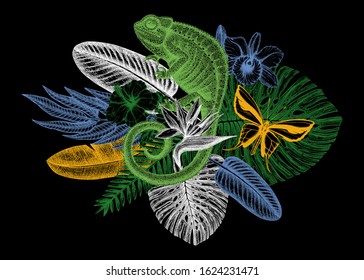 Tropical illustration with realistic chameleon drawing. Vector jungle design. Hand drawn tropical plants, exotic flowers, palm leaves, insects and chameleon. Vintage wildlife background. 