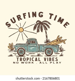 tropical illustration surf time design car vintage t shirt