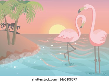 Tropical illustration of two flamingos. 