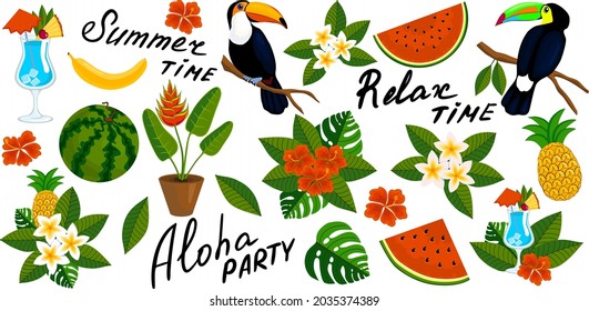 Tropical Illustrations, set. Tucans, watermelon, pineapple, banana, cocktail, Hibiscus, plumeria, inscriptions. Vector, clipart.