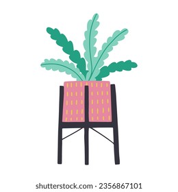 Tropical indoor plant in a pot. Scandinavian cozy home decor. Flat vector cartoon illustration on white background.