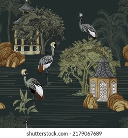 Tropical ink drawn landscape, trees, water, Chinese pagoda, crane bird summer floral seamless pattern. Chinoiserie park wallpaper.