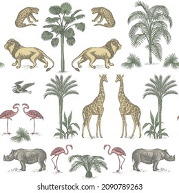 Tropical Ink Drawn Palm Trees,  Lion, Giraffe,rhino, Leopard, Flamingo Summer Floral Seamless Pattern.Exotic Jungle Toile Wallpaper.