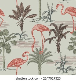 Tropical ink drawn palm trees, plants, pink flamingo summer floral seamless pattern.Exotic jungle wallpaper.