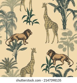 Tropical ink drawn palm trees,  lion, giraffe animal summer african seamless pattern. Safari wallpaper.