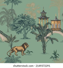 Tropical ink drawn palm trees,  lion animal, pagoda summer seamless pattern. Safari wallpaper.