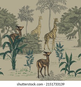 Tropical ink drawn palm trees,  giraffe, fawn summer floral seamless pattern.Exotic safari wallpaper.