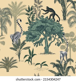 Tropical ink drawn palm trees,  monkey,lemur animal summer floral seamless pattern.Exotic jungle wallpaper.