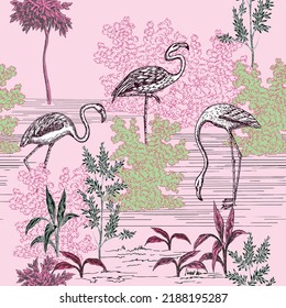 Tropical ink drawn palm trees, plants, flamingo summer pink floral seamless pattern. Exotic jungle wallpaper.