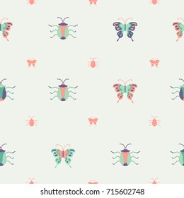 Tropical insects seamless pattern. Delicate pastel colors with green background.