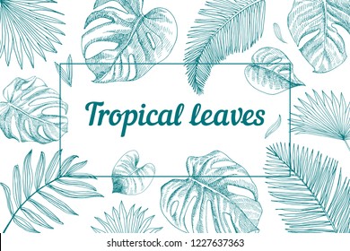 Tropical invitation card. Exotic tropical palm leaves background. Hand drawn illustrations. Wedding, greeting card.