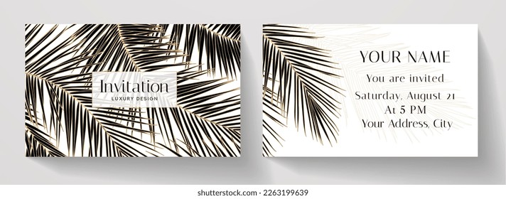 Tropical invitation card with line palm leaf pattern (gold palm tree leaves). Premium golden vector on white background for wedding invite, Gift card, voucher, gift certificate