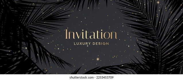 Tropical invitation card with palm leaf pattern (silhouette palm tree leaves). Premium golden vector on white background for wedding invite, Gift card, voucher, gift certificate