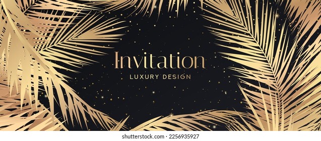 Tropical invitation card with palm leaf pattern (gold palm tree leaves). Premium golden vector on black background for wedding invite, Gift card, voucher, gift certificate