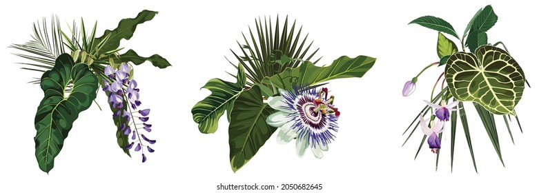 Tropical Invitation, floral invite thank you, rsvp modern card Design. Set of tropical bouquet with exotic violet flowers and green herbs and leaves.