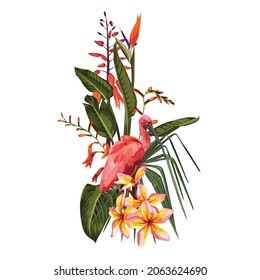 Tropical Invitation, floral invite thank you, rsvp modern card Design. Tropical bouquet with exotic tropical rainforest Scarlet Ibis bird and green  leaves, palms and flowers.